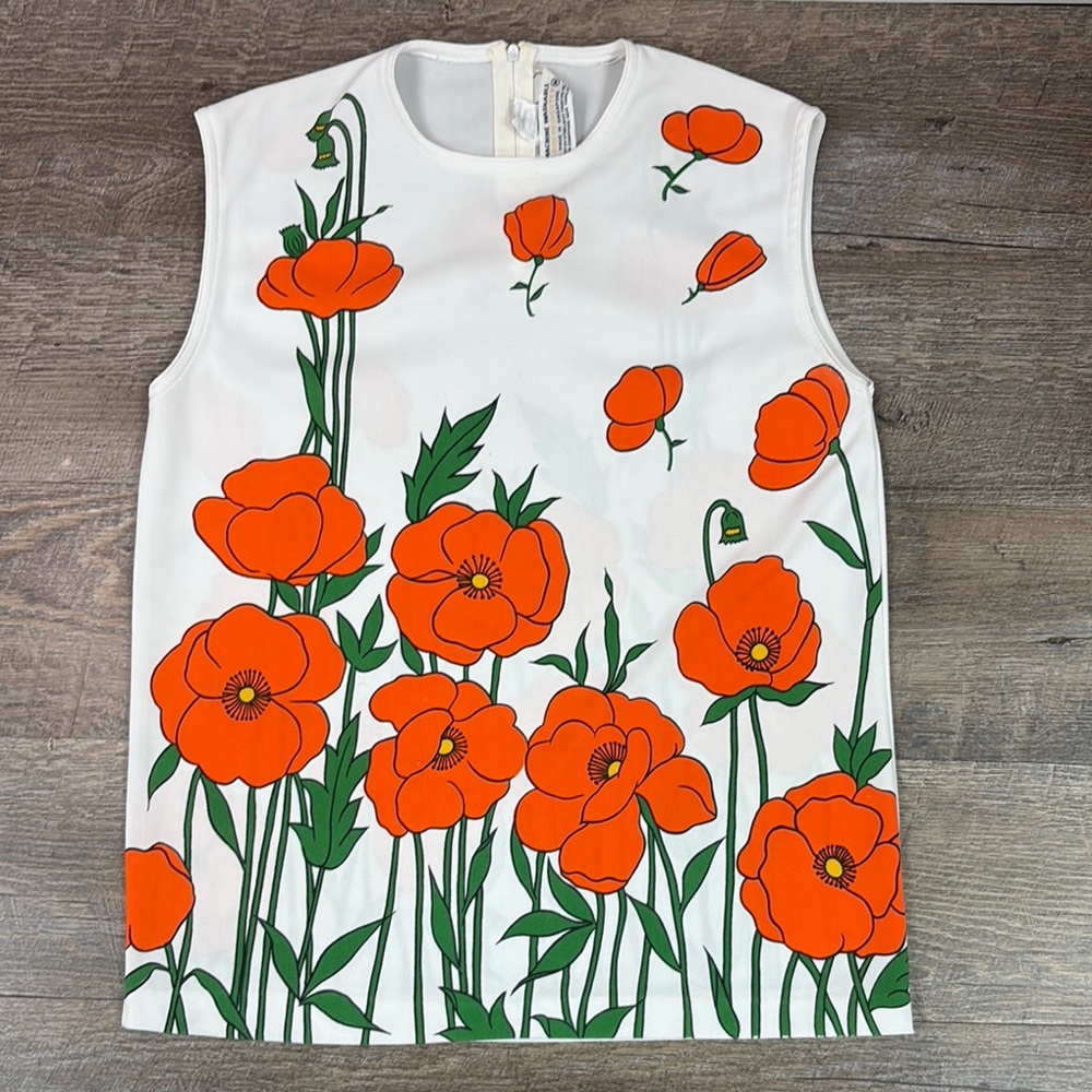 Vintage Poppy Floral Sleeveless Blouse White Orange Retro Botanical Print Size M